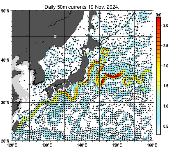 日本近海の深さ50mの海流分布図（11月19日）