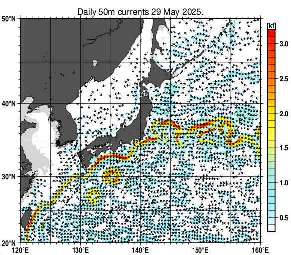 日本近海の深さ50mの海流分布図（5月29日）