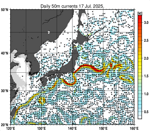 日本近海の深さ50mの海流分布図（7月17日）