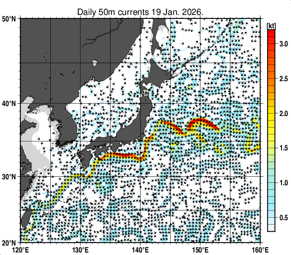 日本近海の深さ50mの海流分布図（1月19日）