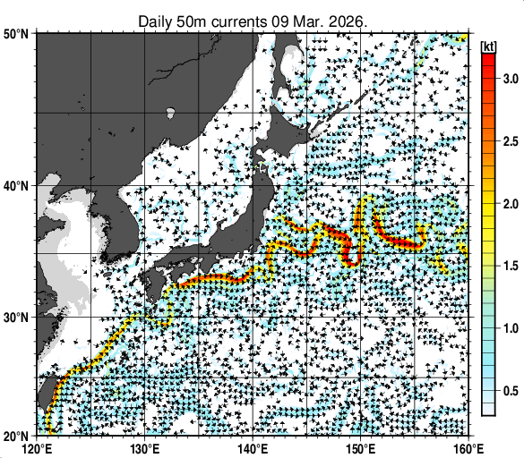 日本近海の深さ50mの海流分布図（3月9日）