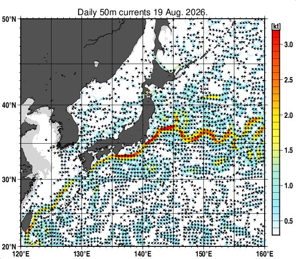 日本近海の深さ50mの海流分布図（8月19日）