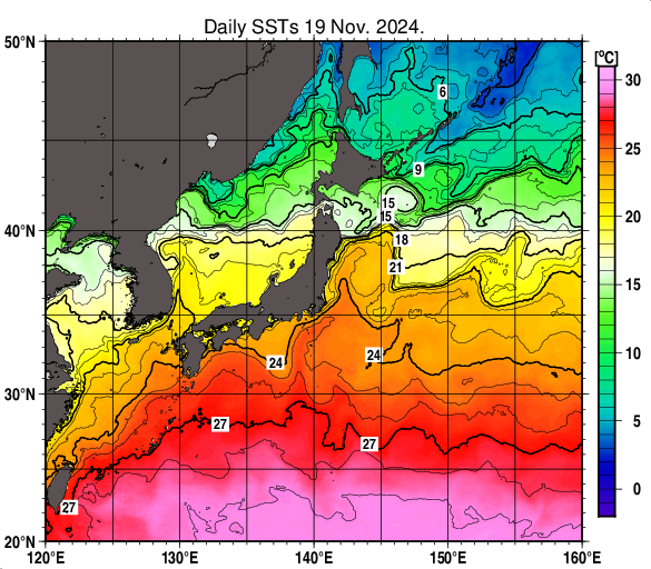 日本近海の海面水温分布図（11月19日）