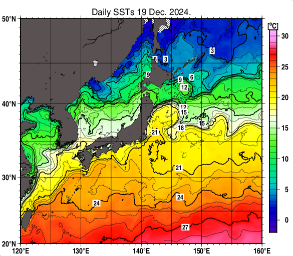 日本近海の海面水温分布図（12月19日）