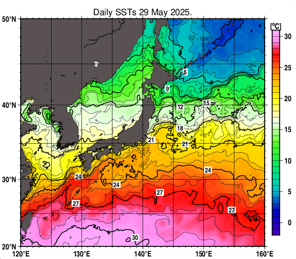日本近海の海面水温分布図（5月29日）