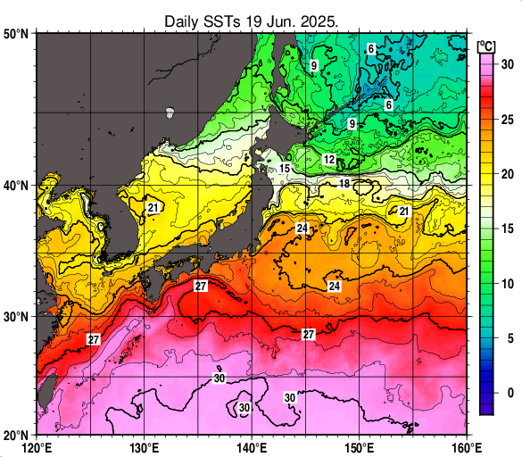 日本近海の海面水温分布図（6月19日）