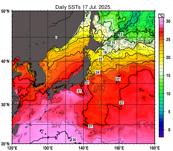 日本近海の海面水温分布図（7月17日）