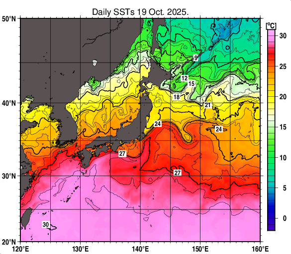 日本近海の海面水温分布図(10月19日)