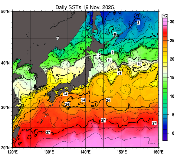 日本近海の海面水温分布図（11月19日）