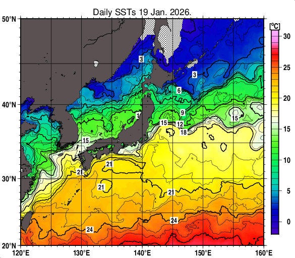 日本近海の海面水温分布図（1月19日）