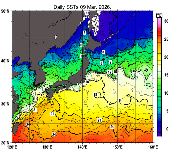 日本近海の海面水温分布図（3月9日）