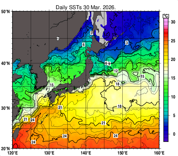 日本近海の海面水温分布図（3月30日）