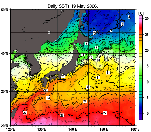 日本近海の海面水温分布図（5月19日）