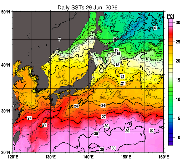 日本近海の海面水温分布図（6月29日）