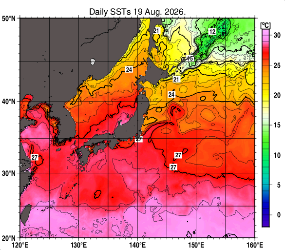 日本近海の海面水温分布図（8月19日）
