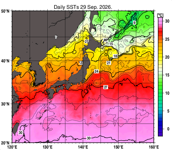 日本近海の海面水温分布図（9月29日）