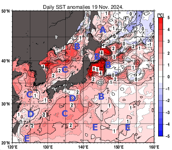 日本近海の海面水温平年差分布図（11月19日）