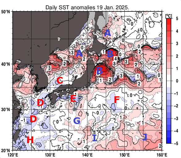 日本近海の海面水温平年差分布図（1月19日）