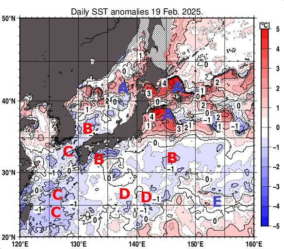 日本近海の海面水温平年差分布図（2月19日）