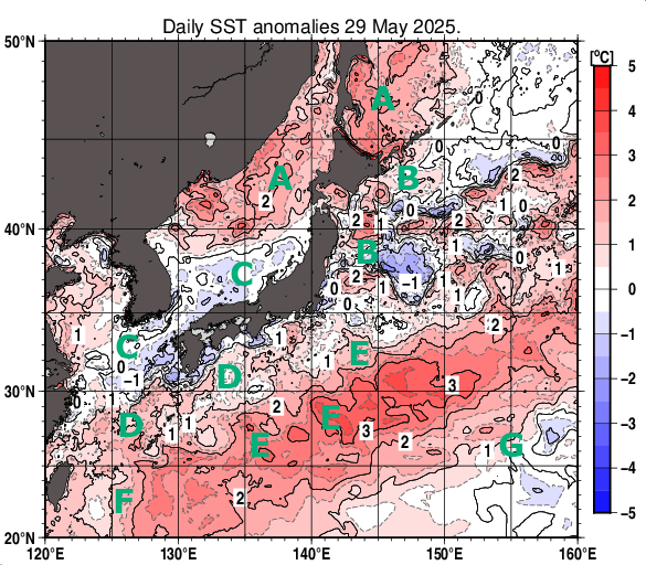 日本近海の海面水温平年差分布図（5月29日）