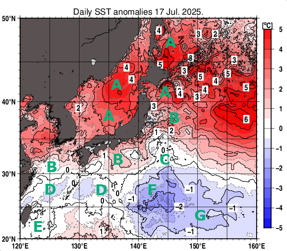 日本近海の海面水温平年差分布図（7月17日）