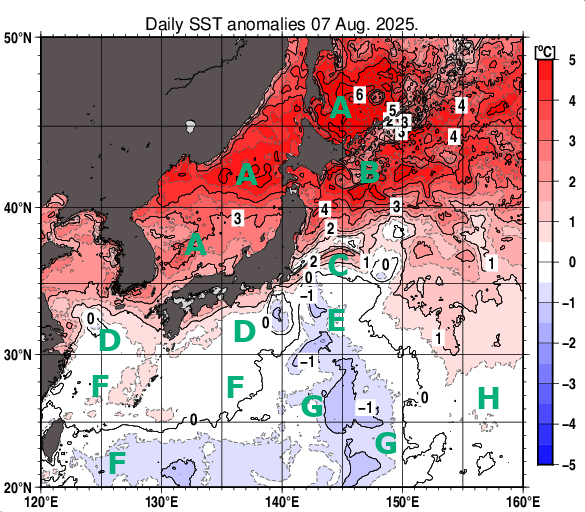 日本近海の海面水温平年差分布図（8月7日）