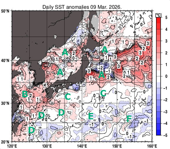 日本近海の海面水温平年差分布図（3月9日）