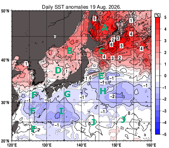 日本近海の海面水温平年差分布図（8月19日）