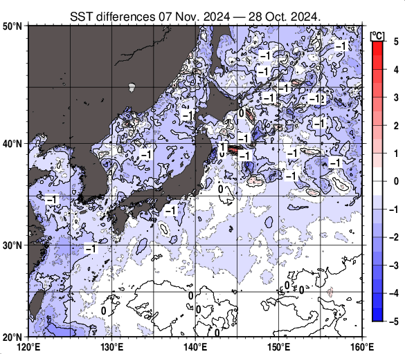 日本近海の10日間の海面水温変化量分布図（11月7日）