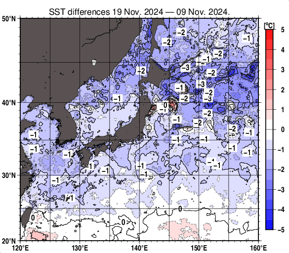 日本近海の10日間の海面水温変化量分布図（11月19日）