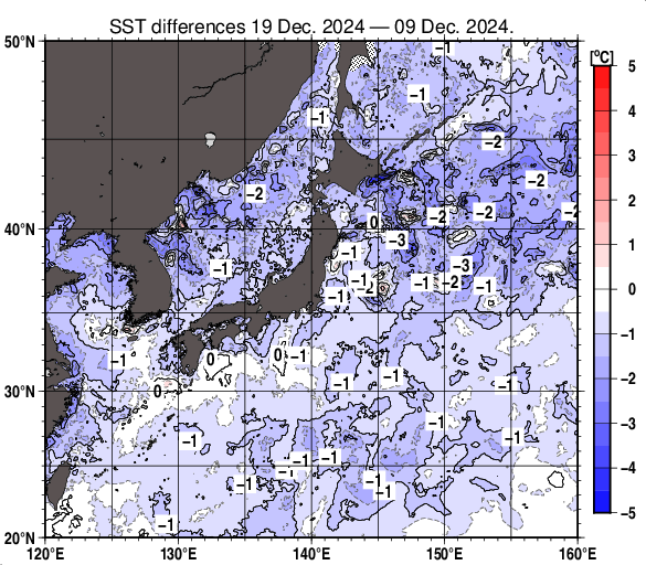 日本近海の10日間の海面水温変化量分布図（12月19日）