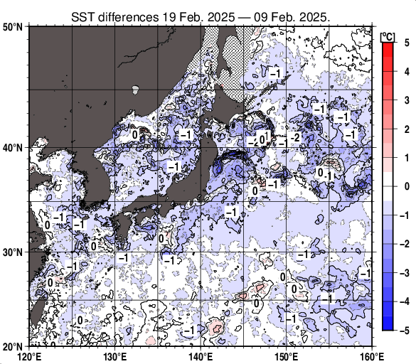 日本近海の10日間の海面水温変化量分布図（2月19日）