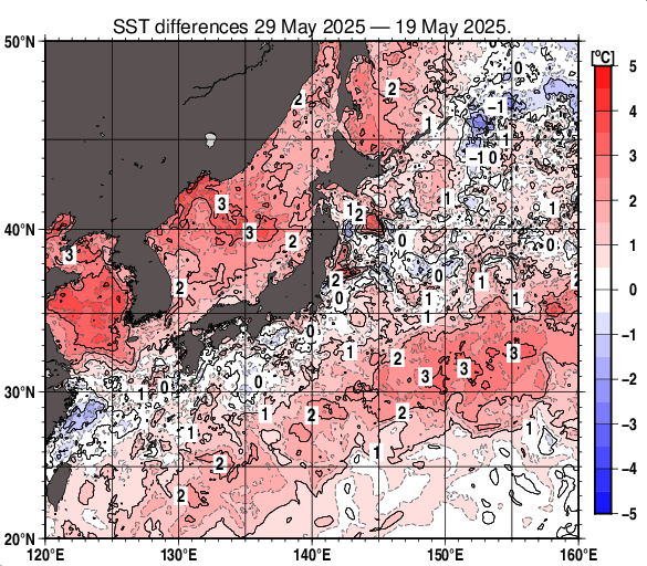 日本近海の10日間の海面水温変化量分布図（5月29日）