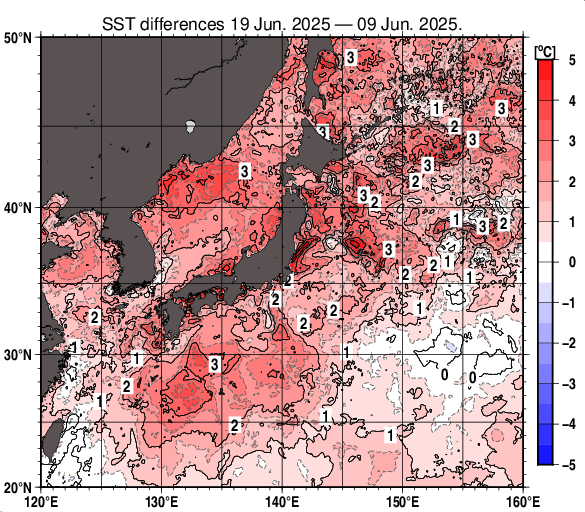 日本近海の10日間の海面水温変化量分布図（6月19日）
