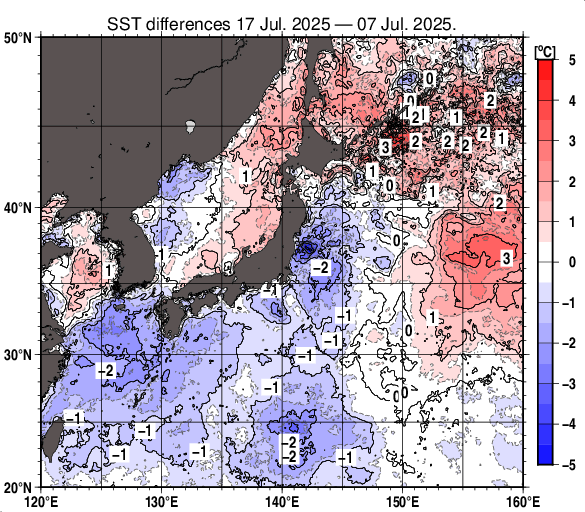 日本近海の10日間の海面水温変化量分布図（7月17日）
