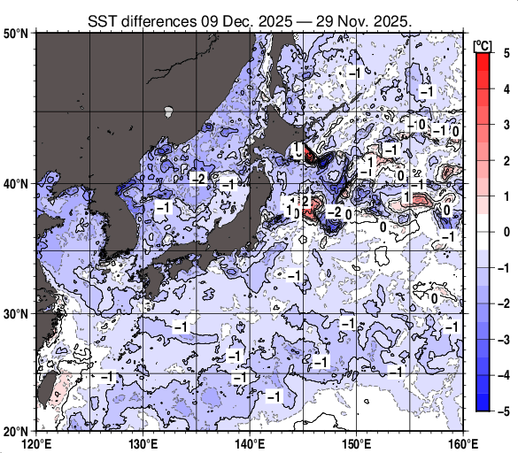 日本近海の10日間の海面水温変化量分布図（12月9日）
