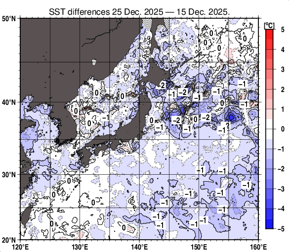 日本近海の10日間の海面水温変化量分布図（12月25日）