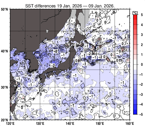 日本近海の10日間の海面水温変化量分布図（1月19日）