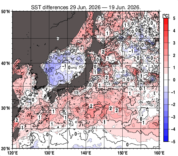 日本近海の10日間の海面水温変化量分布図（6月29日）