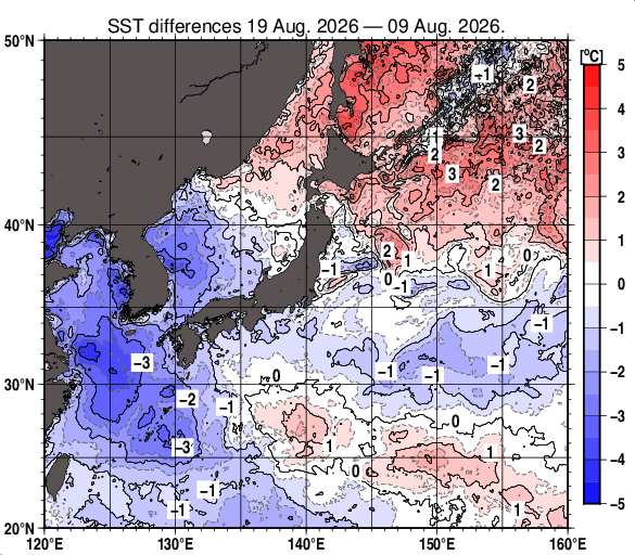 日本近海の10日間の海面水温変化量分布図（8月19日）
