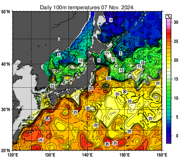 日本近海の深さ100mの水温分布図（11月7日）