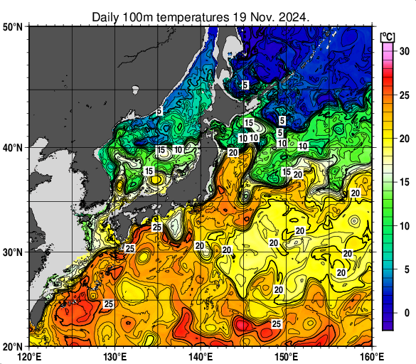 日本近海の深さ100mの水温分布図（11月19日）