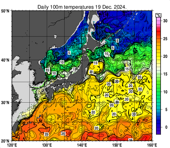 日本近海の深さ100mの水温分布図（12月19日）