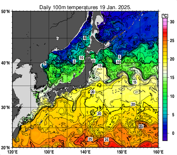 日本近海の深さ100mの水温分布図（1月19日）