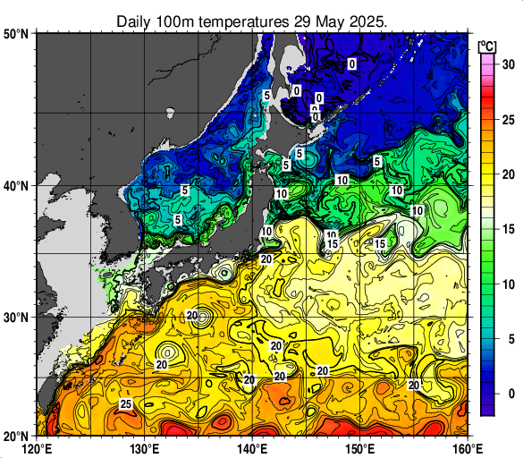 日本近海の深さ100mの水温分布図（5月29日）