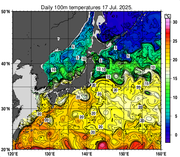 日本近海の深さ100mの水温分布図（7月17日）