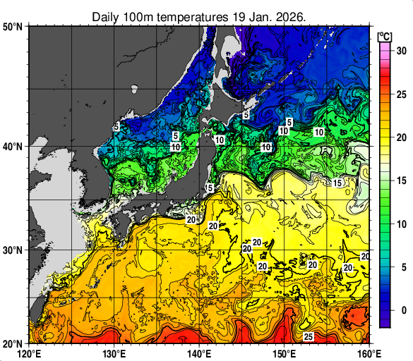 日本近海の深さ100mの水温分布図（1月19日）