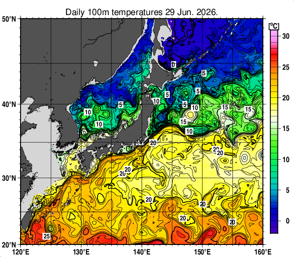 日本近海の深さ100mの水温分布図（6月29日）