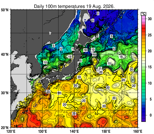 日本近海の深さ100mの水温分布図（8月19日）
