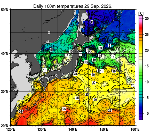 日本近海の深さ100mの水温分布図（9月29日）